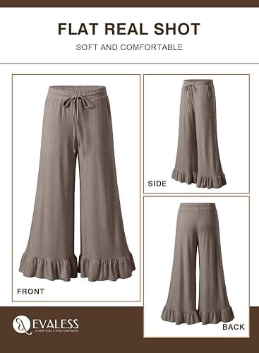 EVALESS Womens Wide Leg Pants Drawstring Elastic High Waisted Ruffle Hem Palazzo Pants with Pockets thumbnail 6