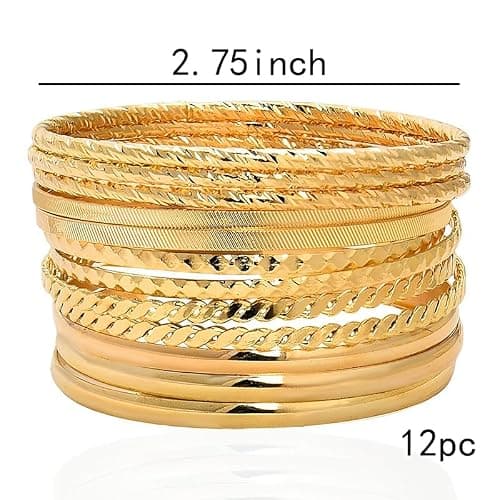 Boho Gold Bangle Bracelets for Women Bohemian Stackable Bracelets Sets for Women Dainty Round Bracelet Metal Aztec Multi Bangle Bracelets for Women Textured Bangles Bracelet Accessories 12 Pcs thumbnail 2