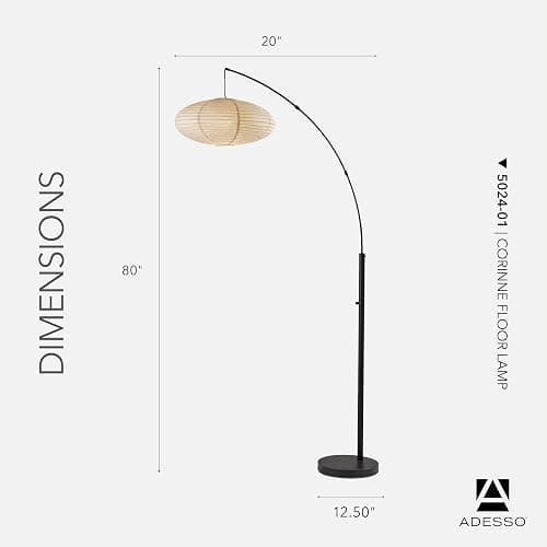 Adesso Floor Lamp, Black & Off-White Paper, Overhead Light, 80” | Corinne 100W Arc Floor Lamp with Oval Shade and Rotary Switch for Living Room, Nursery, Bedroom, or Office Lighting thumbnail 6