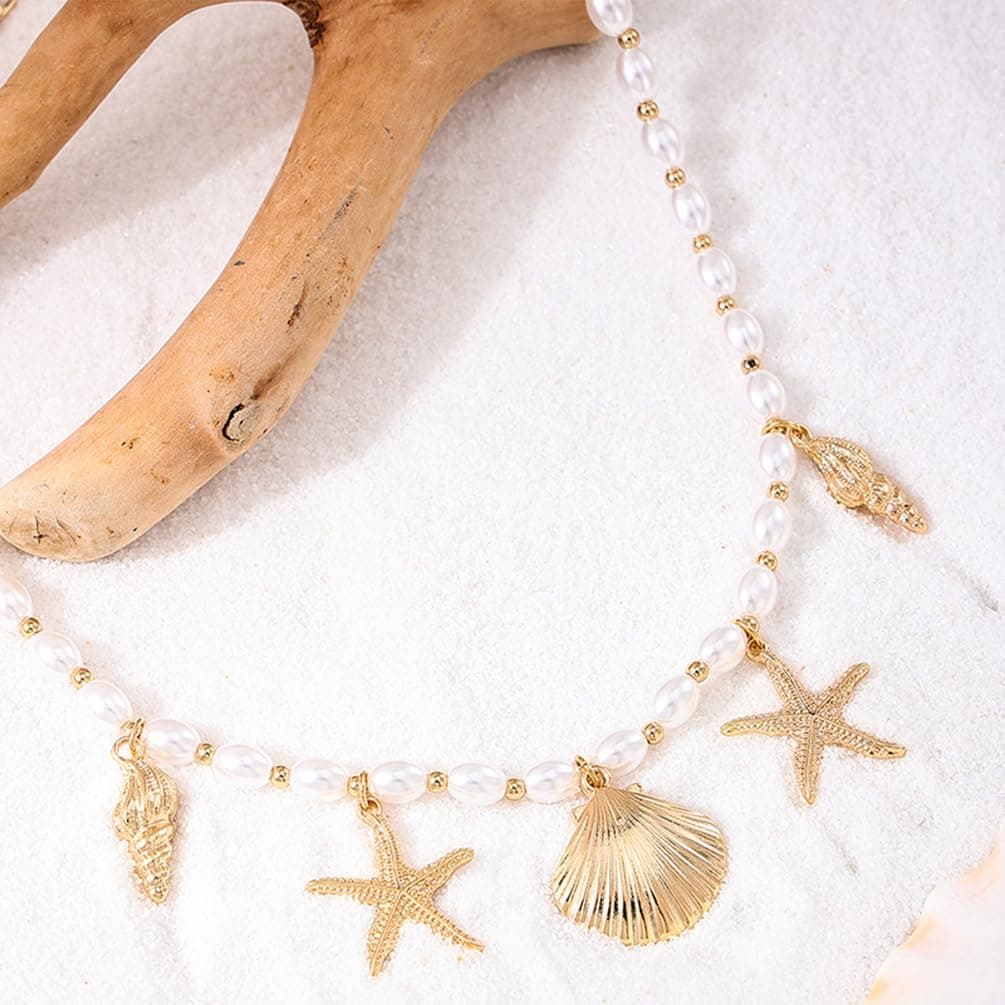 Dainty Gold Starfish Conch Oval Pearl Seashell Necklace for Women, Boho Statement Beaded Chain, Beach Holiday Party Jewellery thumbnail 5