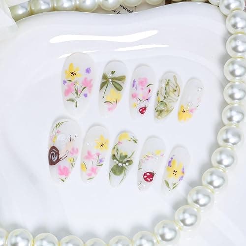 LBPEPAMZ 30Pcs Colorful Flower Press On Nails Medium Almond Fake Nails with 3D Water Drop Pearl Design Spring Summer Floral Gold Line False Nails Snails Dragonfly Butterfly Stick on Nails for Women thumbnail 2