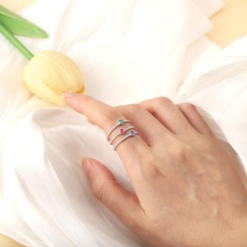 Tufeney Stackable Birthstone Rings Set for Women: 925 Sterling Silver Mother Family Stacking Ring Minimalist Stackable Bands Mother's Day Jewelry Gifts for Wife thumbnail 2
