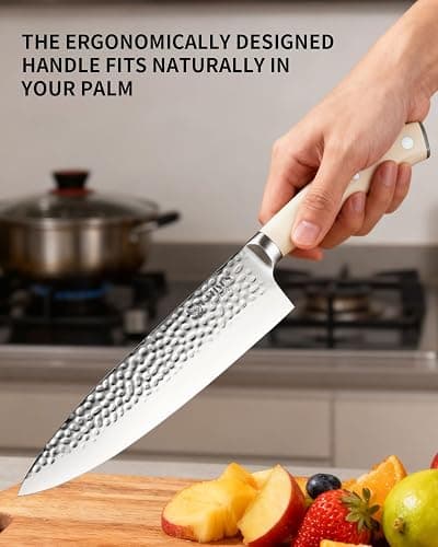 Kitchen Knife Set,14-Piece Knife Set With Block Wooden, Self Sharpening For Chef Knife Set, High Carbon German Stainless Steel Hammered Collection Knife Block Set, Dishwasher Safe Cutlery, Cream thumbnail 6