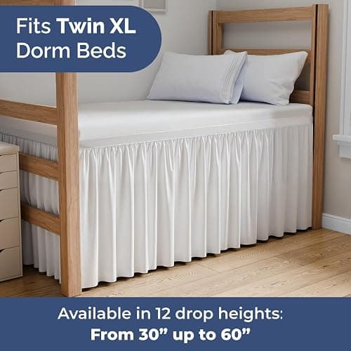 Wrap Around Dorm Room Bed Skirt - For Twin XL Size Beds w/ 40 Inch Drop - Extra Long Dust Ruffled College Bedskirt with Split Corners - Easy Fit Elastic Strap - Adjustable, Fade & Wrinkle Free - White thumbnail 2