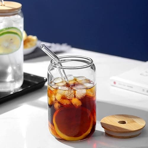 QMQJIA 18oz Glass Cups With Bamboo Lids And Straws For Coffee Bar Milktea Shop Household Entertaining Guests thumbnail 7