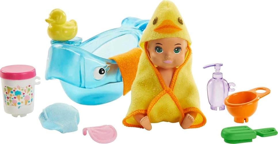Barbie Skipper Babysitters Inc. Feeding and Bath-Time Playset with Color-Change Baby Doll, Bathtub, Popsicle Sponge and Bath-Time Accessories Including Duck-Shaped Towel - Image 1