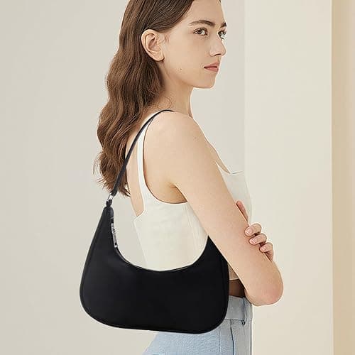 WisePoint Crescent Bag, Nylon Dumpling Bag with Zipper Mini Handbag for women, Fashionable Luna Bag for Shopping, Dating (black) thumbnail 3