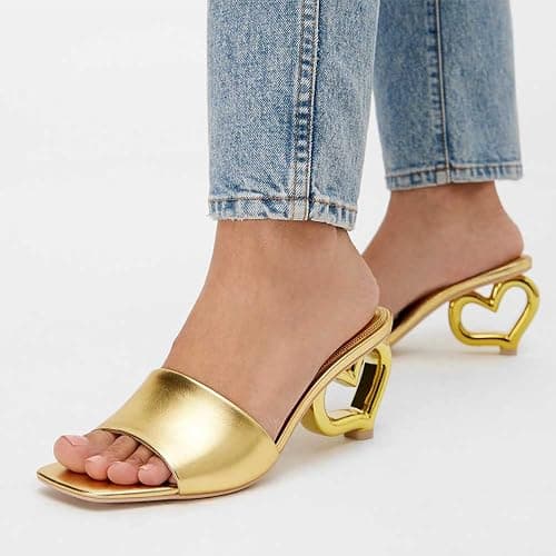 FSJ Women Square Open Toe Heeled Sandals Slip On Novelty Heart-Shaped Heel Mules Backless Fashion Wedding Dress Slides Size 4-16 US thumbnail 2