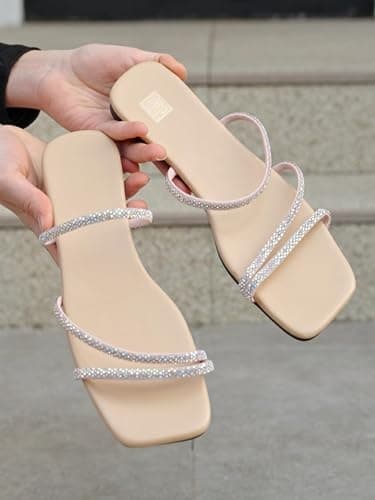 GORGLITTER Women's Rhinestone Flat Sandals Strappy Slip on Open Toe Slide Sandals | Rhinestone, Strappy, Open Toe, Slip on thumbnail 5