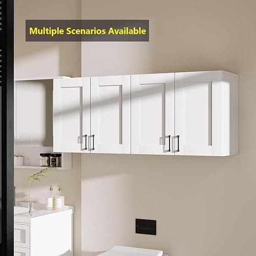 White Laundry Room Cabinets and Storage with 4 Doors and Utility Adjustable Shelf，Gabinetes Para Cocina Cupboard Kitchen Organizers and Storage Pantry Wall Mounted 12.4"D x 47.2"W x 19.7"H - 4 door thumbnail 7