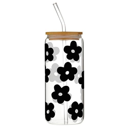Santa Barbara Design Studio Cold Brew Glass Tumbler With Lid And Straw Glass Cup with Bamboo Lid, 20-Ounce, Black - Flowers - Image 1