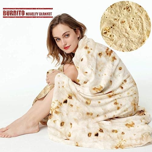 Burrito Tortilla Throw Blanket, 2.0 Double Sided Burritos Taco Tortilla Wrap Blankets,Giant Funny Realistic Flannel Food Round Blankets,Funny Gifts for Kids Newborn Toddler Dog Cat Baby Shower 47in - Yellow - 47in - Image 1