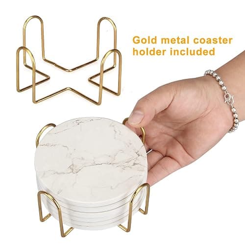 6 Pcs White Marble Coaster Set with Holder Best Absorbent Coasters Drink Coasters Ceramic Bar Coasters Cute Table Coasters Gift Cup Stone Coasters Modern Coasters thumbnail 7