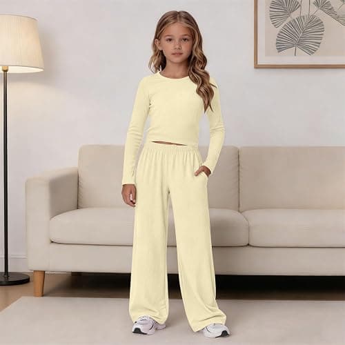 Girls 2 Piece Set Spring Outfits Lounge Sets Ruched Long Sleeve Top Wide Leg Pants Sweatsuit Clothing Athletic Outfit thumbnail 4
