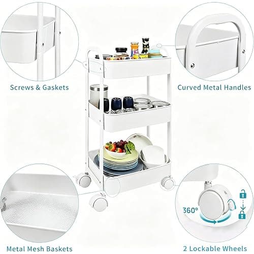 Goxeon 3-Tier Rolling Utility Cart with Caster Wheels,Easy Assembly, for Kitchen, Bathroom (White) thumbnail 4