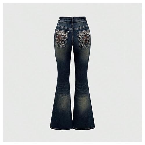 MakeMeChic Women's Flared Jeans Bell Bottom Jeans Embroidered Y2K High Waist Stretchy Denim Pants thumbnail 5