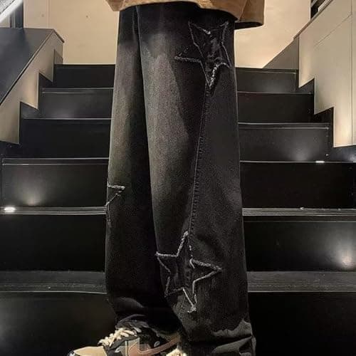 Grunge Baggy Jeans Y2K Emo Alt Cargo Pant Star Patchwork Fairycore Demin Cloting Jogger Hiphop Gothic Tripp Streetwear - Large - Black thumbnail 3