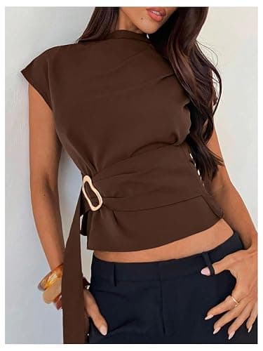 Floerns Women's Buckle Tie Elegant Blouse Mock Neck Shirts Cap Sleeve Business Casual Tops thumbnail 2