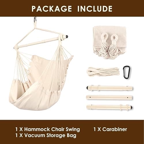 Highwild Hammock Chair Hanging Rope Swing - Max 500 Lbs - Steel Spreader Bar with Anti-Slip Rings - for Any Indoor or Outdoor Spaces (Beige) thumbnail 7