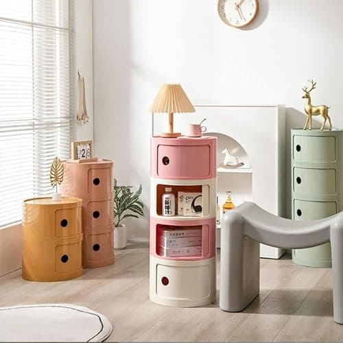 Nordischer Moderner Nachttisch Mit Schubladen Und Schiebetür – Für Schlafzimmer, Runder Nachttisch, 2/3/4-Stufiger Nachttisch Aus Kunststoff, Aufbewahrungseinheit, Truhe,Rosa,3tier thumbnail 4