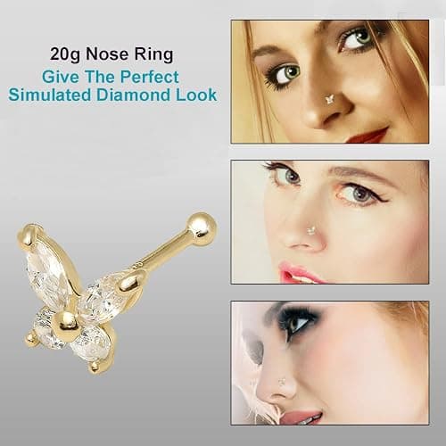 Jewelryweb - 14k Real Gold Simulated Diamond CZ Butterfly Nose Stud - 20g nose ring - nose piercings - nose rings studs - clear nose studs thumbnail 5