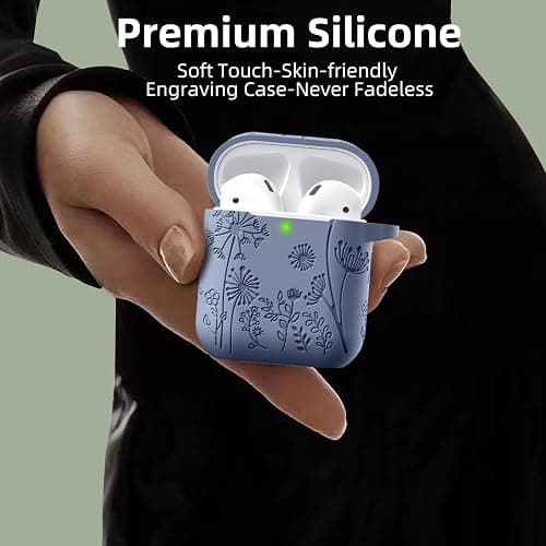 Lerobo Flower Engraved Case for AirPods Case Cover, Stylish Soft Silicone Protector with Keychain, Compatible with Apple AirPods 1st/2nd Generation Charging Case, Front LED Visible, Blue Gray thumbnail 4