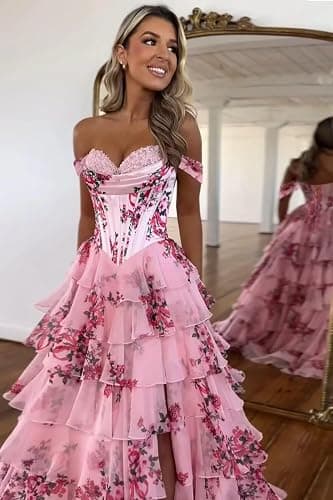 GATMAHETiered Chifon Floral Prom Dress for Women Off Shoulder A Line Corset Formal Evening Gown with Slit thumbnail 5