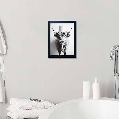 Framed Black and White Bathroom Wall Decor Highland Cow with Toilet Paper on Head Canvas Wall Art Toilet Decor Cow Pictures Wall Decor Animal Bathroom Sign Artworks for Home thumbnail 7
