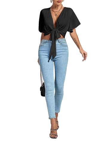 LYANER Women's Deep V Neck Tie Front Knot Wrap Ruffle Short Sleeeve Crop Top Blouse thumbnail 5