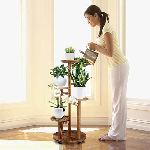 GEEBOBO 5 Tiered Tall Plant Stand for Indoor, Wood Plant Shelf Corner Display Rack, Multi-tier Planter Pot Holder Flower Stand for Living Room Balcony Garden Patio (Walnut) thumbnail 2