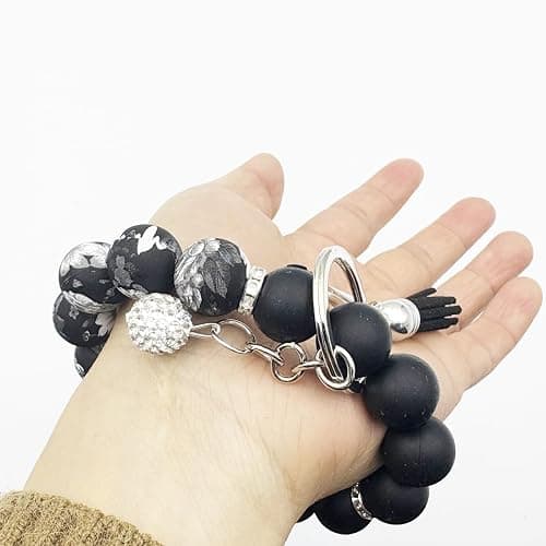 Unpafcxddyig Silicone Bead Keychain Bracelet Women Wristlet Key Ring Bangle Chains with Tassel thumbnail 5