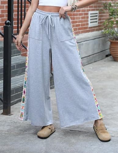 Fenclushy Womens Wide Leg Pants Stretch Casual Drawstring Waist Loose Lounge Sweatpants Crochet Panel Pant with Pocket thumbnail 3