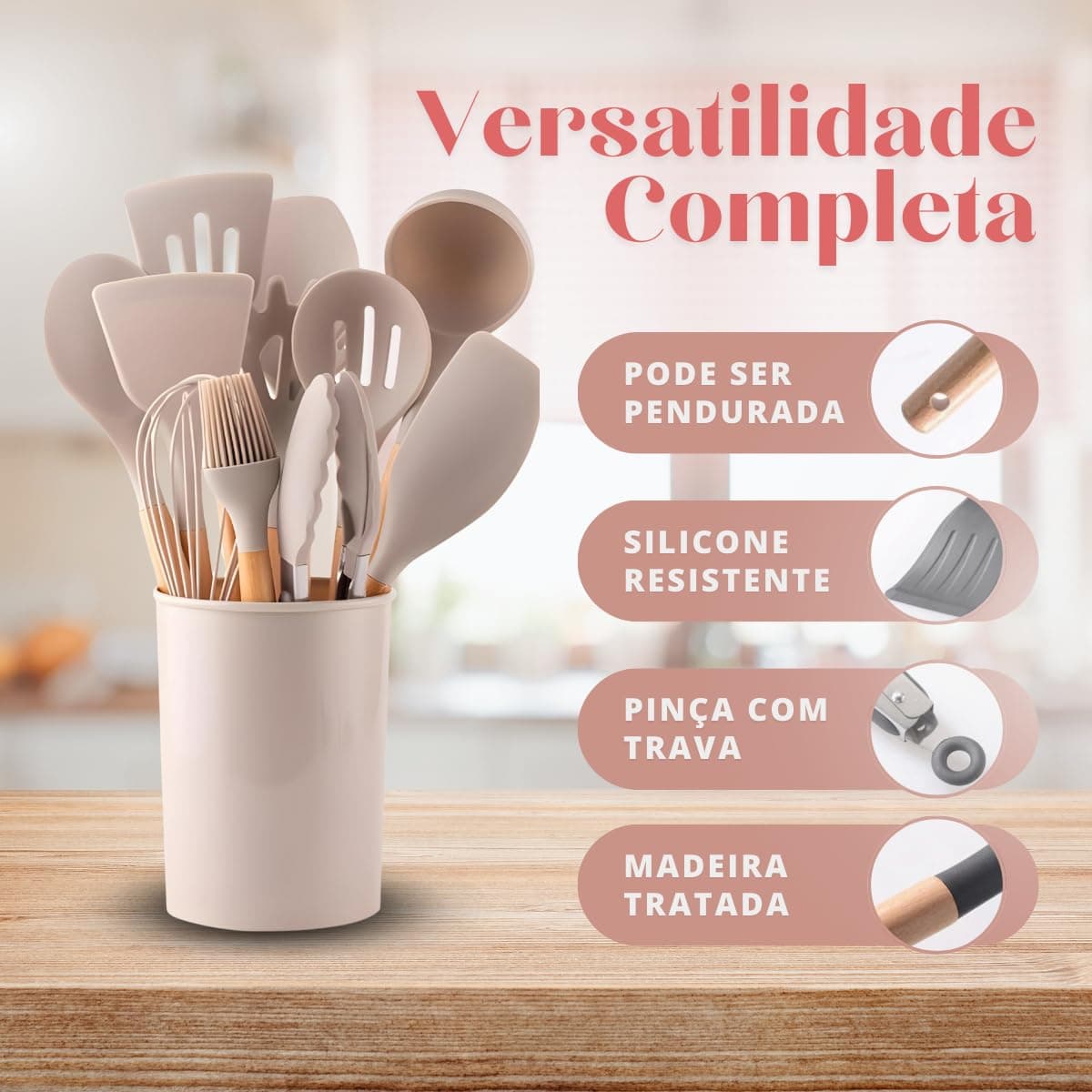 Conjunto de Utensílios de Cozinha, 12 Peças, Silicone e Madeira, Design Ergonômico, Antiderente e Resistente ao calor (Caqui) thumbnail 4