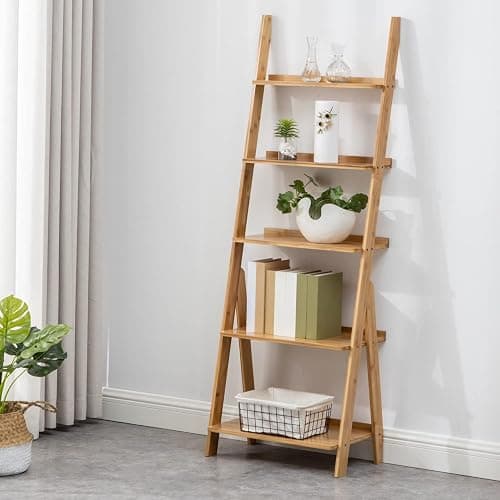 Maydear Bamboo Ladder Shelf Bookcase, 5-Tier Leaning Bookshelf Free Standing Organizer Storage Shelves for Living Room, Bedroom, Kitchen, Home Office, Balcony, Natural Wood thumbnail 3