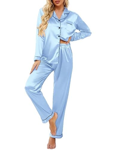 Ekouaer Women's Classic Button Down Long Satin Silk Pajama Set - Image 1