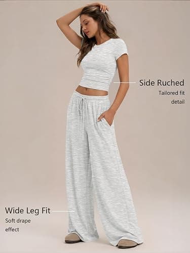 Trendy Queen Women's 2 Piece Matching Summer Lounge Set with Pockets | Vacation Airport Travel Outfits, Workout Gym Clothing Comfy Athleisure Clothes, Side-ruched Top, Drawstring Wide Leg Pants thumbnail 3