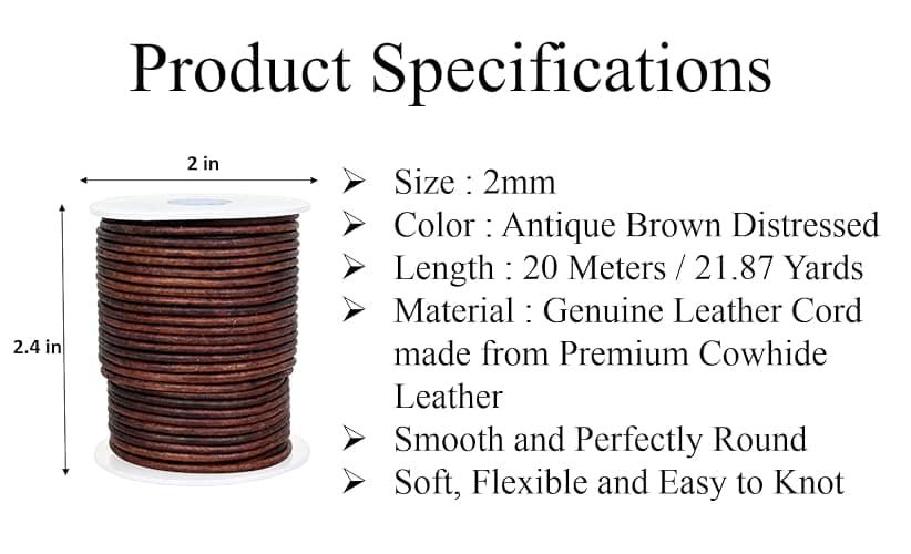 GENIQUE Real/Genuine Round Leather String Cord for Necklace, Bracelets, Jewellery, Braiding (2mm, Antique Brown Distressed) thumbnail 2