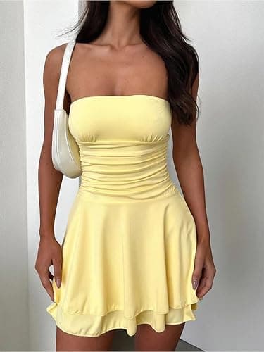 YBSKG Women Sexy Tube Top Silk Dress Strapless Ruched Waist Ruffle Tiered Layer Mini Dress Party Short Dresses thumbnail 2
