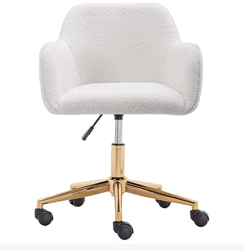 Yoluckea Furry Height Adjustable Vanity Chair, Computer Cute Office Desk Chairs, Faux Swivel Chair White Faux Four Pads - Image 1