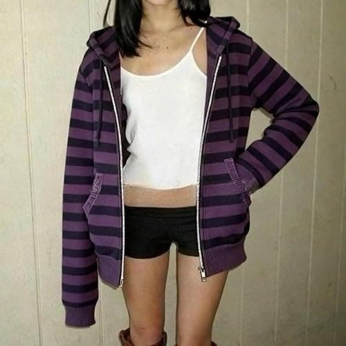 OANTGM Emo Goth 2000s Graphic Hoodie Streetwear Y2k Grunge Striped Zip Up Hoodie Women Teen Girls Baggy Whimsical Sweatshirts thumbnail 5