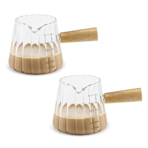 Denovin 2Pcs Glass Measuring Cup, 6oz Creamer Pitcher with Wood Handle, Creative Milk Frothing Pitcher Creamer Shot Glass (2-Transparent) - Image 1