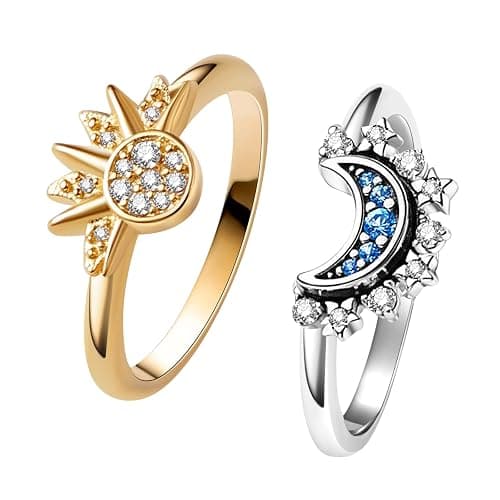 UNE DOUCE Celestial Sun and Moon Ring Set, Sparkling Sun Ring/Blue Moon Ring with 14k Gold/Silver Plating, Friendship Promise Ring, Stackable Celestial Rings, Gift for Women - Image 1