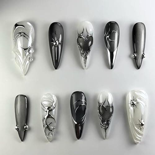 GlamRays 24 Stück Schwarze Katzenaugen Mandel-Falschnägel mit 3D-Kristall-Design, 3D-Nagelkunst, Aufkleber-Nägel,Luxus Wiederverwendbare Falschnägel - Image 1
