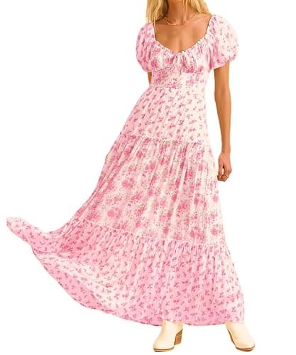 HUROGON Women's Boho Floral Dress Lace Patchwork Maxi V Neck Puff Sleeve Backless Sundress Tiered Ruffle Hem Dresses - Image 1