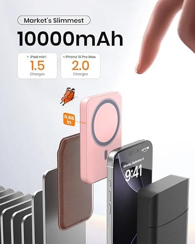 A ADDTOP Magnetic Power Bank 10000mAh- 20W Schnelllade iPhone Ladegerät for Magnetisch, UltraSlim Wireless Portable Charger with USB-C In&Out, LED Display Akku-Pack für iPhone 17/16/15/14/13/12 Rosa thumbnail 5