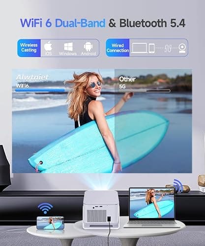 Alwtniet Vidéoprojecteur 4K 8K supporte [Native 1080P&App intégrée] Mini Projecteur Portable WiFi 6 Bluetooth 5.4 Android 14 Autofocus/Obstacle Avoidance/6D Keystone Ultra Courte Focale Rotation 180° thumbnail 5