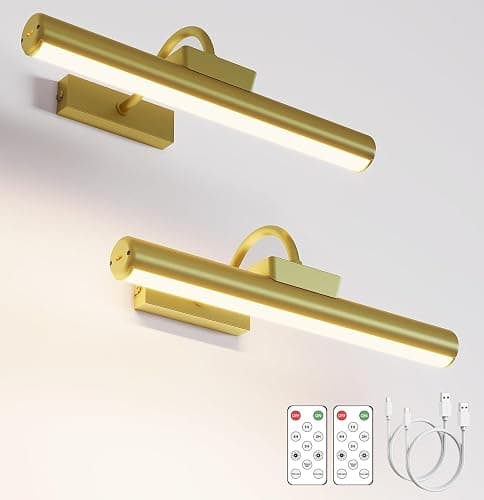 Picture Light Battery Operated, 13in Wireless Art Light for Paintings, Dimmable 5000mAh Recharging Battery Picture Light with Remote Control for Wall, Gallery Dartboard Art Bedroom (Gold-2Pack) - Image 1