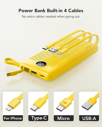 VRURC Portable Charger with Built-in Cables, 10000mAh LED Display USB C Power Bank, Slim Travel Battery Pack with 5 Output 2 Input Compatible with iPhone,Samsung,Android etc-Yellow(1 Pack) thumbnail 2