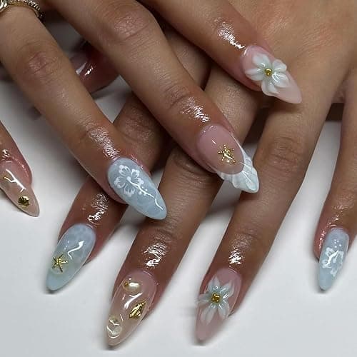 Almond Press on Nails Medium Fake Nails 3D Flower French Tip False Nails Stick on Nail Water Ripple Glossy Glue on Nails Gold Starfish Floral Full Cover Artificial Acrylic Nail for Women Kit 24PCS - Image 1