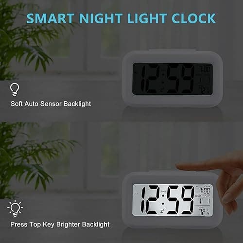 KAIJIELY Upgraded Digital Alarm Clock, 4.3" LED Display with Temperature Larger Lound Light Control Portable Snooze Calendar Brightness with Battery Powered Alarm Clocks Bedside for Everyone (White) thumbnail 3